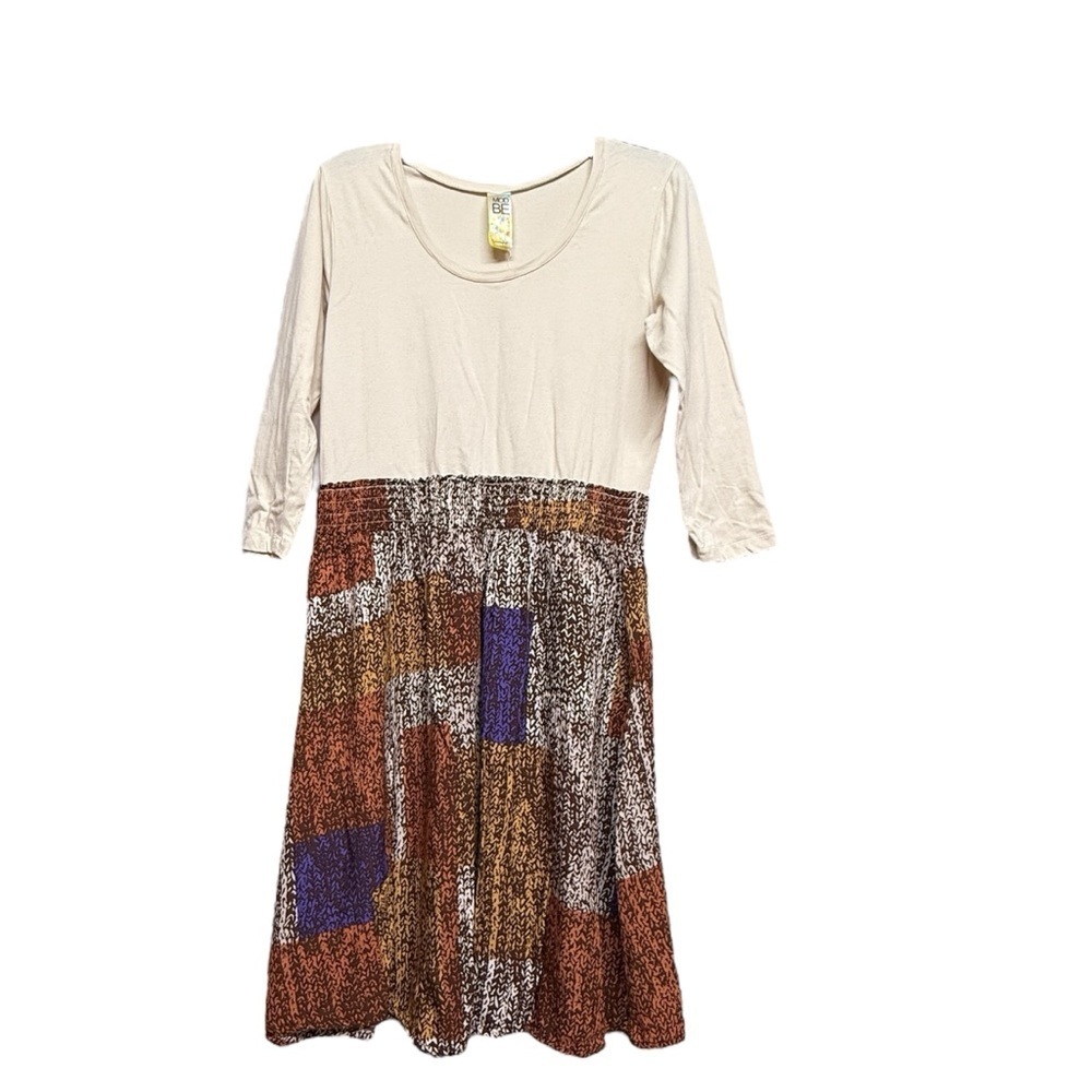 MODBE Cream and Brown A-Line Midi Dress with Scoop Neck Size Large